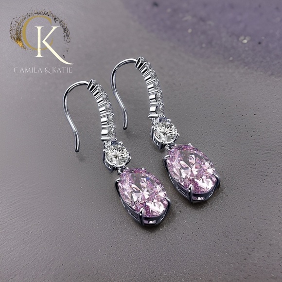 Pink Lab Diamond Dangle Earrings - Picture 2 of 7